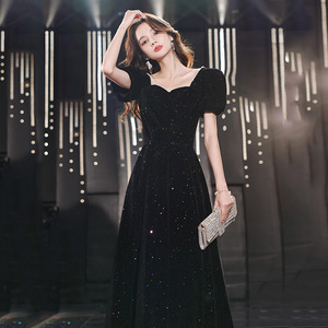Black Velvet Evening Gown Square Collar A-Line Glitter Dress For Banquet Or Art Exam - Product Image 3