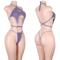 Tenues de danse exotiques : Bodys à lacets découpés en tissu à paillettes argentées, style string, pour pole dance, clubwear et ensembles de festival
