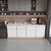 Meuble de bureau multifonctionnel intégré : comptoir de bar, buffet, table de thé, table à café, table de découpe et de lavage, style moderne et épuré