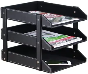 Customized school office accessories pu leather storage holder folding 3 Tier Stackable desk papers organizer tray