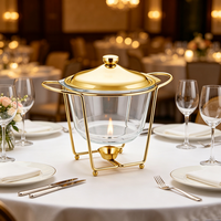 Chauffe-Plat Buffet FLEY avec Plat de Service Rond en Verre, Cadre Doré et Chauffage à l'Alcool pour l'Approvisionnement des Restaurants