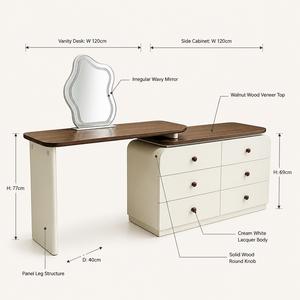 Coiffeuse moderne en acajou réglable avec miroir éclairé, 6 tiroirs, blanc crème, ensemble de bureau de maquillage avec rangement pour chambre et salle à manger - Product Image 5
