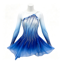 Robe de patinage artistique dégradé blanc-bleu, manches longues, dos profondement ouvert, jupe ornée de strass pour compétition et performance adultes et enfants