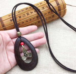 Винтажная Подвеска из деревянного сплава с бусинами, кожаная веревочная цепочка для свитера, модная длинное женское ожерелье - Product Image 4