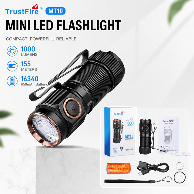 TrustFire MT10 Mini LED Flashlight USB-C Rechargeable Magnetic EDC Torch 1000 Lumens IP68 Waterproof for Outdoor Camping Repair