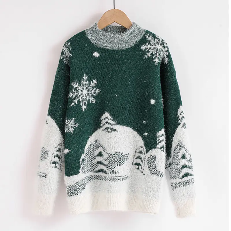 Ottoknit New Design Chunky Knit Green Mohair Jacquard Pullover Fuzzy Ugly Christmas Sweater For Women