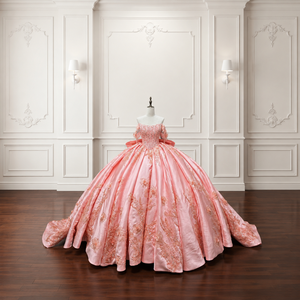 Robe de bal de Quinceañera de luxe Lsmc142 rose corail, longue, avec appliques aux épaules, corset perlé, en satin, motif floral - Product Image 3
