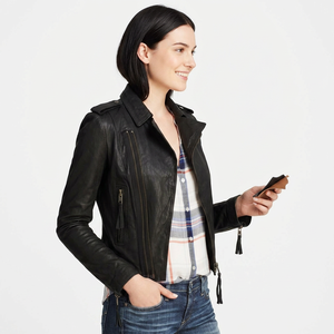 Nouvelle veste en cuir décontractée pour femmes de qualité supérieure, fermeture éclair, motif à carreaux chic pour un style polyvalent, vestes en cuir noires - Product Image 2