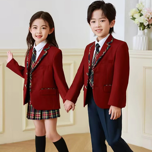 男の子と女の子のための就学前の小学校中等学校の制服デザイン赤いマルーン学校の制服 - Product Image 4