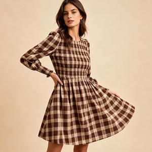 Abito Mini a Quadri Marrone Personalizzato per <span class=keywords><strong>Donna</strong></span>, Maniche Lunghe, Corpetto Arricciato, Stile Vintage, Elegante e Casual - Product Image 2
