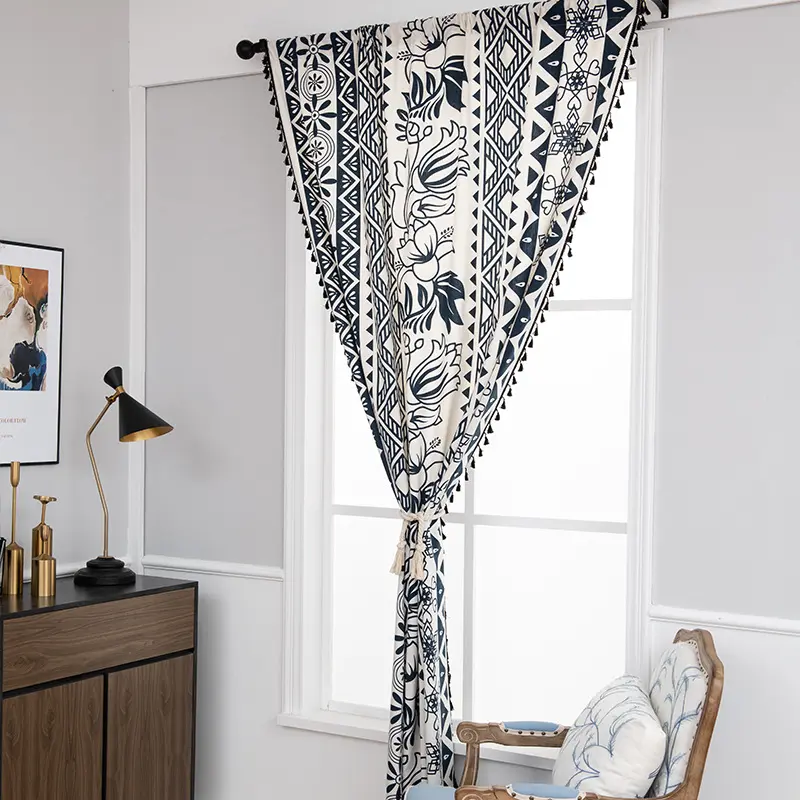 American Bohemian Cotton Linen Apple Flower Printed Kitchen Curtain Black Tassel Shading Rod Pocket Bedroom Curtain