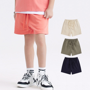 Shorts décontractés respirants à cordon de serrage 100 % coton à motif uni pour garçons, taille haute, style streetwear pour enfants - Product Image 1