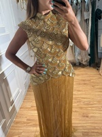 Robe de soirée Serene Hill LA73748A dorée à col montant et franges, robes de soirée de luxe ornées de perles pour femmes 2026