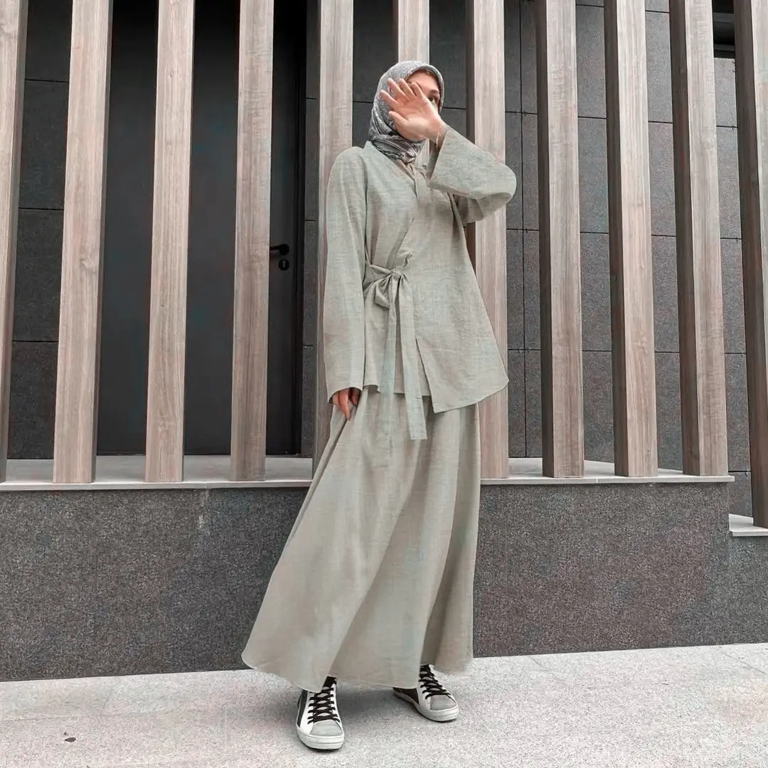 Enyami Wholesale M-2XL Feminine Woven Eid Muslim Arab Malaysia Co Ords Plus Size Wrap Blouse Skirt Two Piece Sets without Hijab