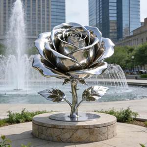 Sculpture florale personnalisée en acier inoxydable 304/316 poli miroir, squelette en acier, grande statue florale interne pour Plaza Corporate - Product Image 1