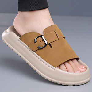 Men Suede <b>Slides</b> Open Toe EVA Outsole Breathable Casual Summer Sandals Buckle Strap Solid Pattern Textile - Product Image 1