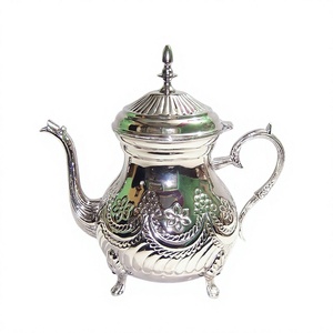 Arabic Moroccan Brass Handmade Eco-Friendly Durable Server Footed Accent Silver Finish <b>Teapot</b> Ribbed Floral Shell Embossing - Product Image 1