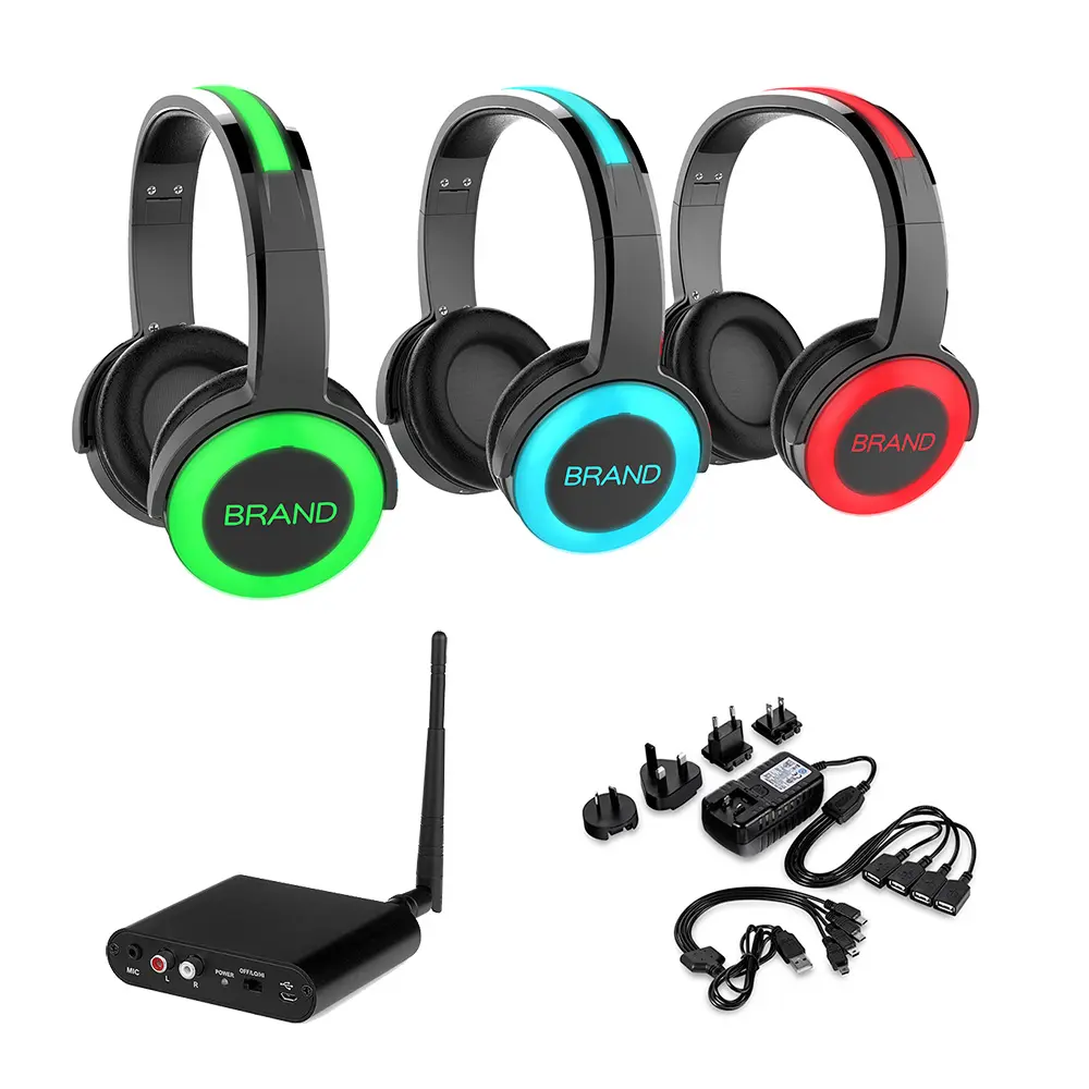 Einzigartiges 500M HIFI Silent Disco System, Silent Party Kopfhörer RF770 mit LED oben und Silent Disco Transmitter T80 mit Mikrofon.