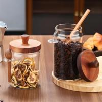 Petits, moyens et grands bocaux de rangement en verre soufflé à la main, transparents comme du cristal, avec couvercle en bois et cuillère