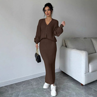 Ensemble 2 pièces pull et jupe en maille col V anti-boulochage à boutons, coupe ample, couleur unie, décontracté, pour femme, en Spandex/Coton – Collection Hiver