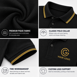 เสื้อโปโลสีดำแบบกำหนดเอง แต่งขอบสีทอง เนื้อผ้านุ่ม ระบายอากาศได้ดี ออกแบบโลโก้ตามสั่ง รับผลิตแบบ OEM ODM เสื้อยูนิฟอร์มร้านอาหาร - Product Image 3
