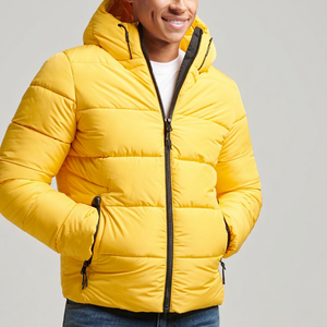 Men's Yellow Hooded Puffer <b>Jacket</b> Waterproof Reversible Thick Windproof Zipper Closure Casual Winter Coat Solid Color Polyester - Product Image 1