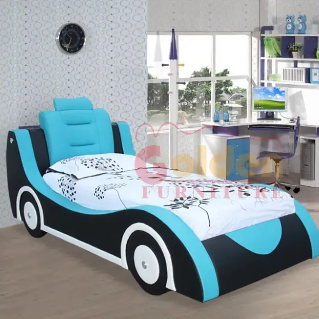 青とオレンジのキュートでユニークなカートン子供用家具カーベッド最新デザインベッド寝室セット