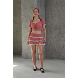 Wholesale Two-Piece Set <b>Red</b> Gingham Patterned Crop Skirt Hooded <b>Top</b> Casual Woven <b>Sports</b> Wear for Winter Summer Knee Length XL - Product Image 1