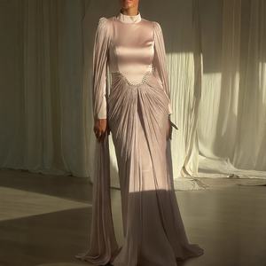 豪華なスプライスリボンのイブニングドレス、女性用スタンドカラー長袖パッチワークダイヤモンドチュニックフォールドマキシドレス - Product Image 1