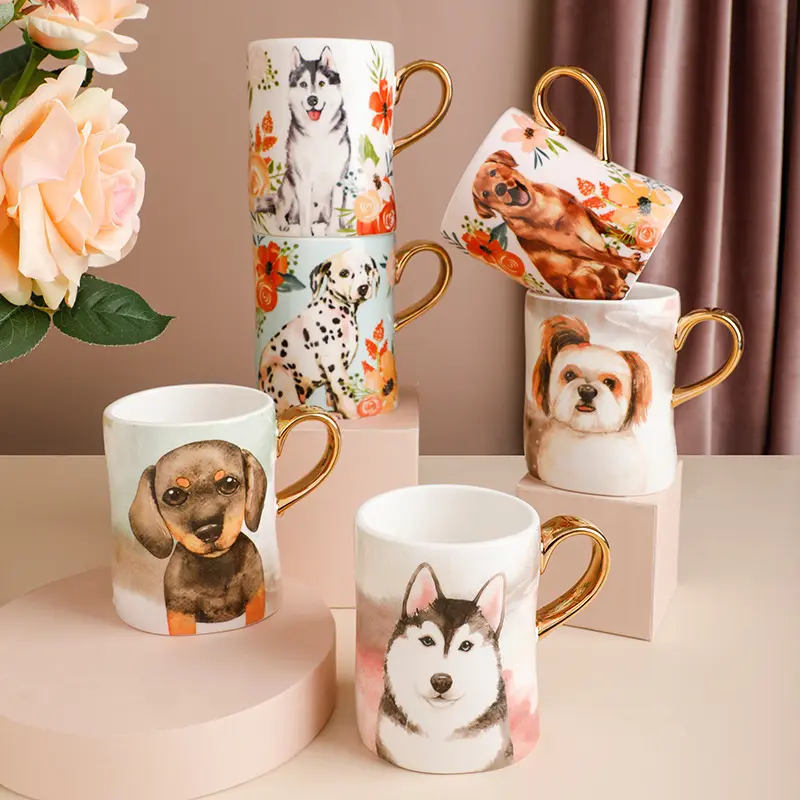 Mug Kopi Desain Anjing Kartun, Mug Anjing Lucu Keramik