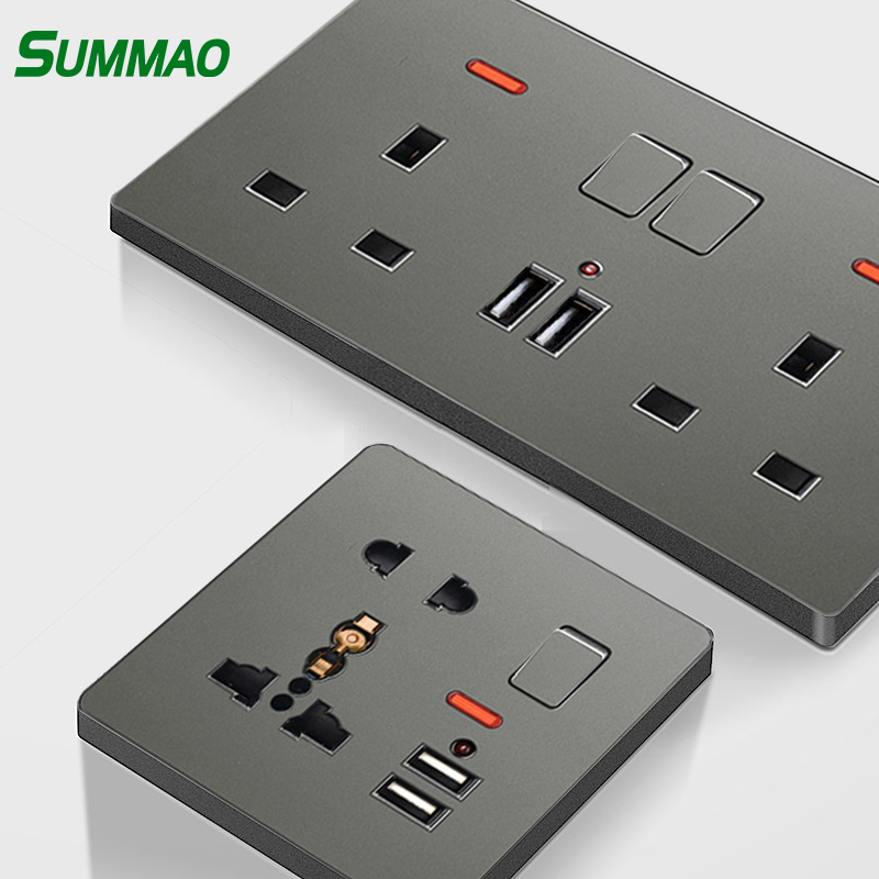 86 Enchufe Estándar Británico Panel de Alimentación Usb Doble de Tres Agujeros Británico 13A Multifuncional Negro Enchufes Eléctricos Enchufes