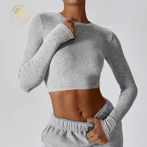 Baju olahraga katun polos pakaian atletik kaus Crop T aktif olahraga Gym kebugaran lengan panjang atasan Crop untuk wanita
