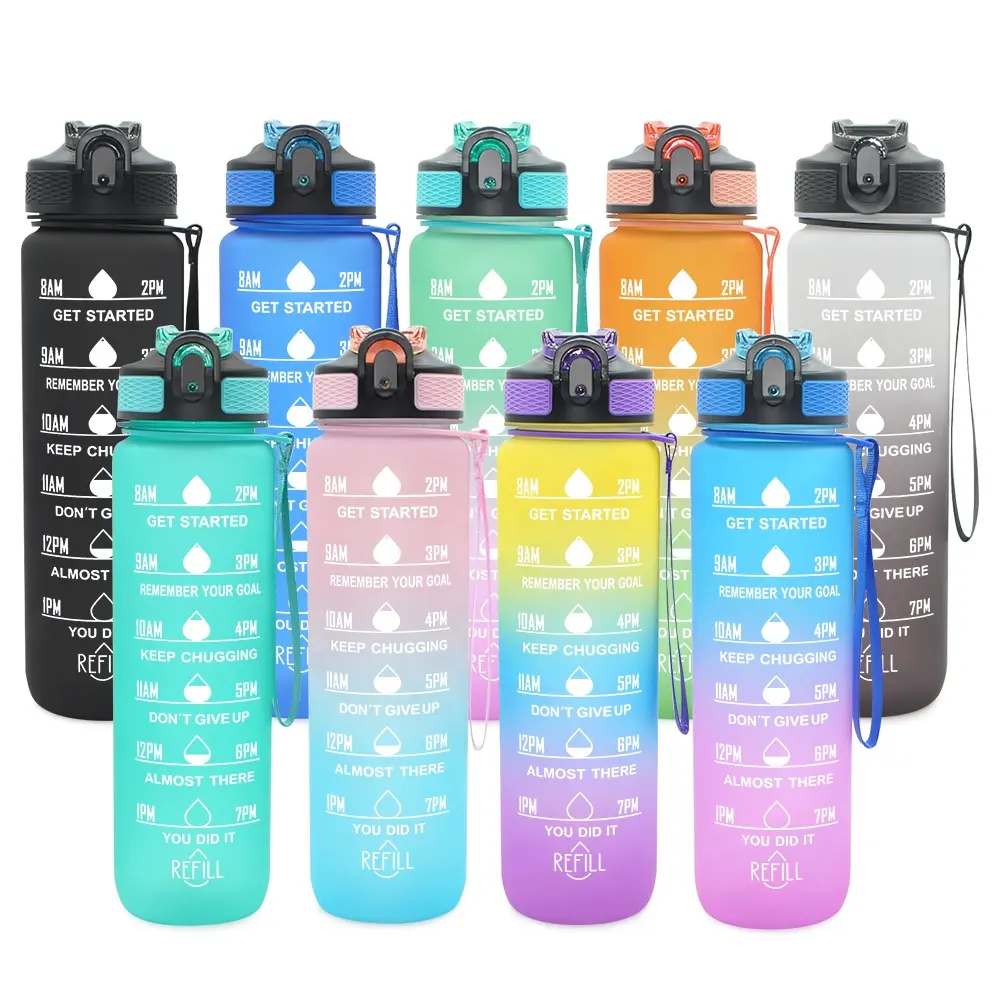 Garrafas para beber à prova de vazamento personalizadas, garrafa de água plástica esportiva motivacional colorida para academia com marcador de tempo