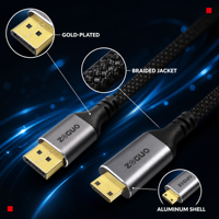 Câble DP vers Mini HDMI 4K120Hz, adaptateur DP vers Mini HDMI, câble tressé avec coque en aluminium pour caméra et moniteur