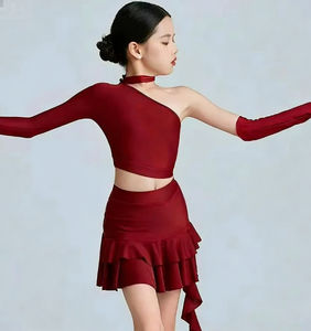 Conjunto de Top Asimétrico para Baile Latino con Falda Corta Plisada, Vestido Midi Rojo para Salsa, <span class=keywords><strong>Swing</strong></span>, Baile de Salón, <span class=keywords><strong>Jazz</strong></span>, Disfraz para Niños - Product Image 3
