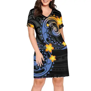 定制夏威夷黑色蓝色花朵印花女式2024夏季短袖休闲连衣裙隐藏腹部脂肪宽松合身太阳裙