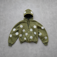 Veste à capuche zippée sur mesure pour homme, vert olive, imprimé pois, hiver, coupe oversize, effet vintage, ourlets effilochés, 100% coton