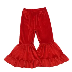 RTS Baby Girls Red Color Velvet Bell Bottom Pants Listo para comprar San Valentín Tela gruesa Venta al por mayor Niños Pantalones para niños