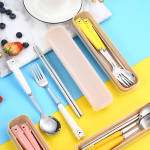 Stainless Steel Cutlery <b>Set</b> With Ceramic Handles Chopsticks <b>Spoon</b> <b>Fork</b> Portable Travel Student Kit Rectangular Storage Box - Product Image 1