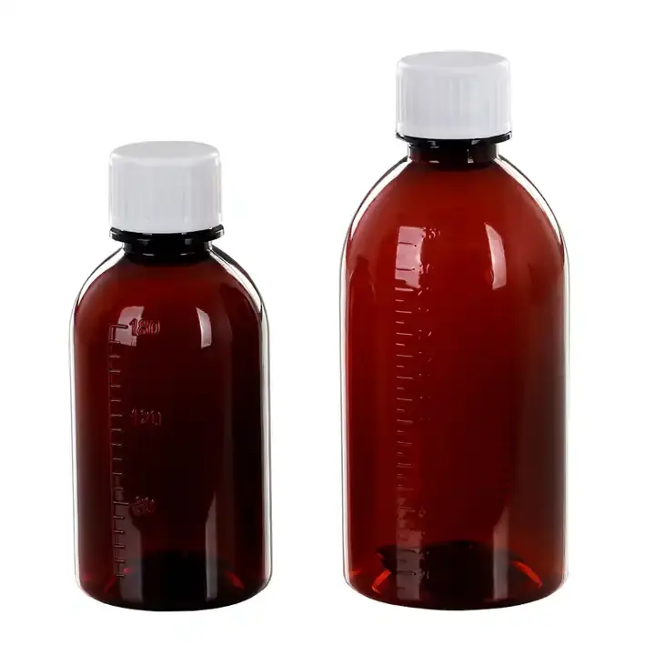 高品質の空の丸い琥珀色の赤身の咳止めシロップボトルスケール薬瓶付きペットボトル