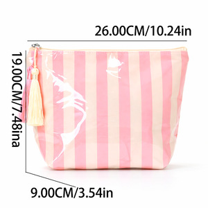 Pochette de maquillage personnalisée en PVC imperméable à rayures avec fermeture éclair à pompon, pochette de <span class=keywords><strong>voyage</strong></span> brillante pour cosmétiques, organiseur de toilette portable, sac de rangement - Product Image 6