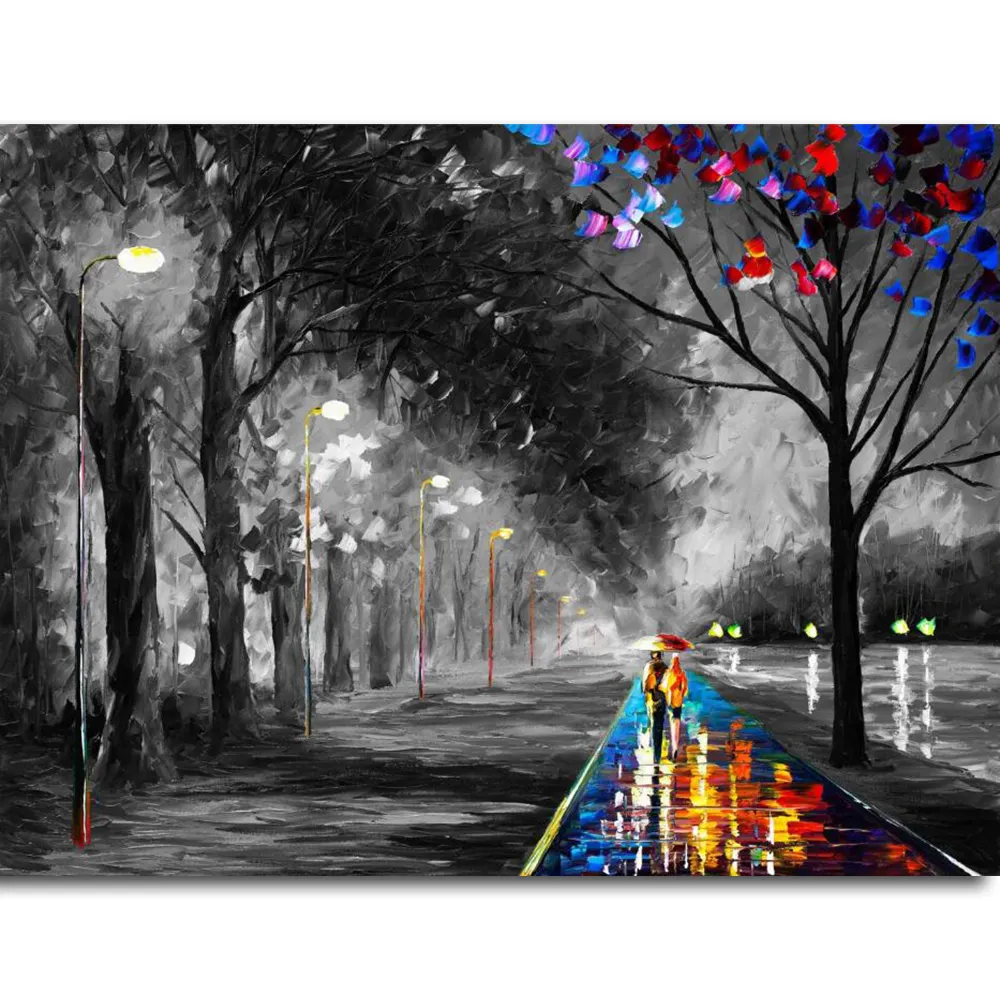 Modern style Canvas Art Dancing in the Rain Black White color Night-scape Knife Oil Painting with Heavy Paints