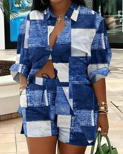 Nouvel ensemble deux pièces automne pour <span class=keywords><strong>femme</strong></span>, style européen et américain, avec haut imprimé à manches longues et <span class=keywords><strong>short</strong></span> au-dessus du genou à lacets - Product Image 4