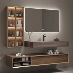 Ensemble de meubles de salle de bain en bois massif moderne OEM, lavabo en céramique, miroir LED mural, table complète, panneau de bureau - Étanche, facile à nettoyer - Product Image 1