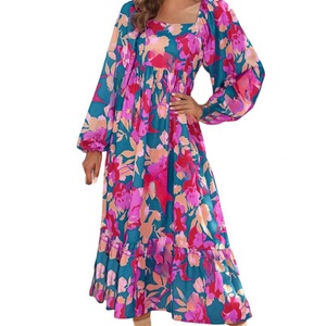 Retro Multi-color Printed square Neck Women's <b>Dress</b> Casual Versatile Women's <b>Dress</b> - Product Image 5
