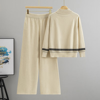Ensemble pull tricoté pour femme avec haut à manches longues zippé et pantalon large 100% coton, tenue automne-hiver