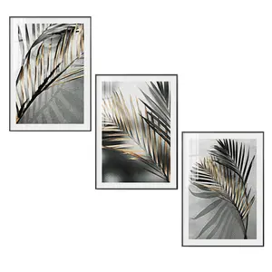 Pintura em tela com impressão para parede, arte de parede, poster 3 painel abstrato de folhas pretas, imagens modulares, moderna para sala, decoração de casa