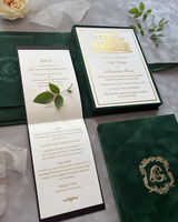 Caja de Invitación de Boda de Terciopelo Verde Esmeralda, Invitaciones Personalizadas con Monograma Dorado, Tarjeta con Bolsillo para RSVP, Cajas de Empaque de Lujo