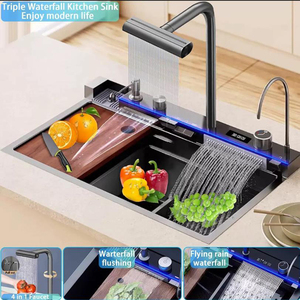 Fregadero <span class=keywords><strong>de</strong></span> Cocina <span class=keywords><strong>de</strong></span> Acero Inoxidable <span class=keywords><strong>de</strong></span> un Solo Tazón con Diseño <span class=keywords><strong>de</strong></span> Panal, Grifo con Pantalla LED Inteligente y Rociador Extraíble - Product Image 2