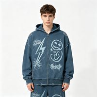 Sweat à capuche bleu délavé et vieilli avec fermeture éclair, imprimé Kornit DTG Grunge Smile Thunder, bords effilochés, style streetwear